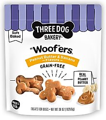 Three Dog Bakery Soft Baked Woofers Grain-Free Peanut Butter Banana Dog Treats, 36-oz bag