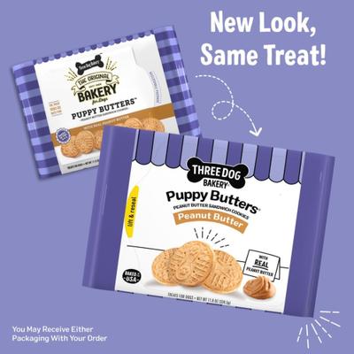 Show full view: Three Dog Bakery Puppy Butters Peanut Butter Sandwich Cookie Dog Treats, 11.8-oz bag slide 4 of 9