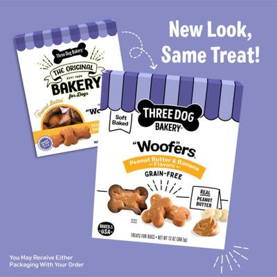Show full view: Three Dog Bakery Soft Baked Woofers Grain-Free Peanut Butter Banana Dog Treats, 13-oz box slide 4 of 9