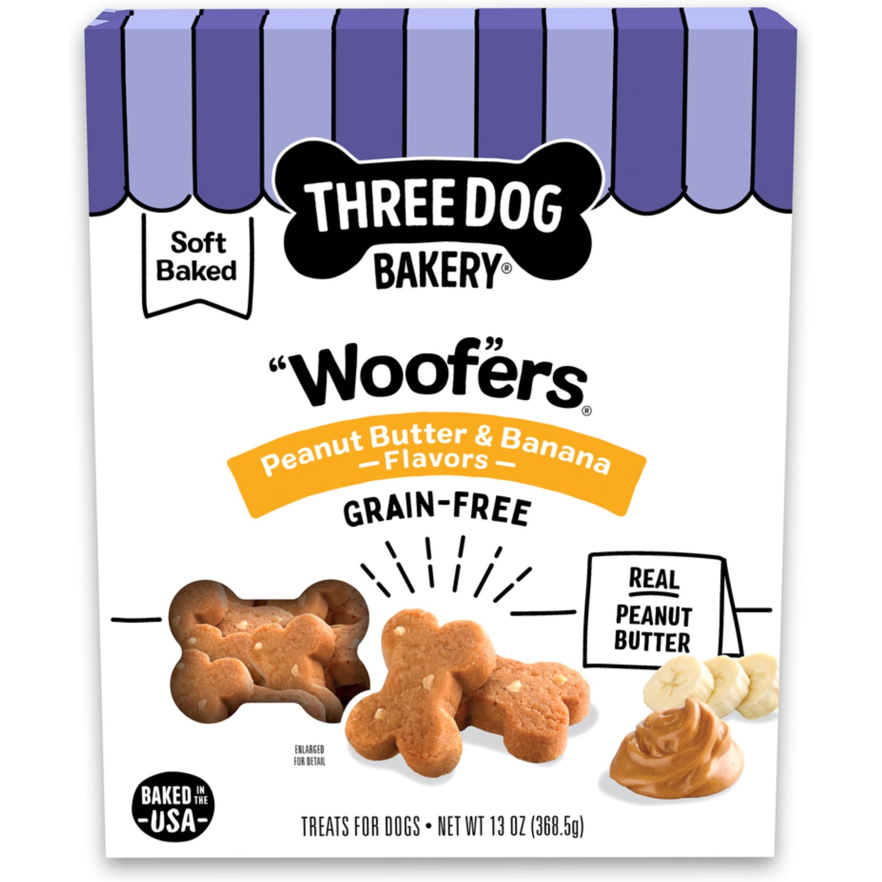 Three Dog Bakery Woofers Peanut Butter & Banana Dog Treats, 13-oz bag