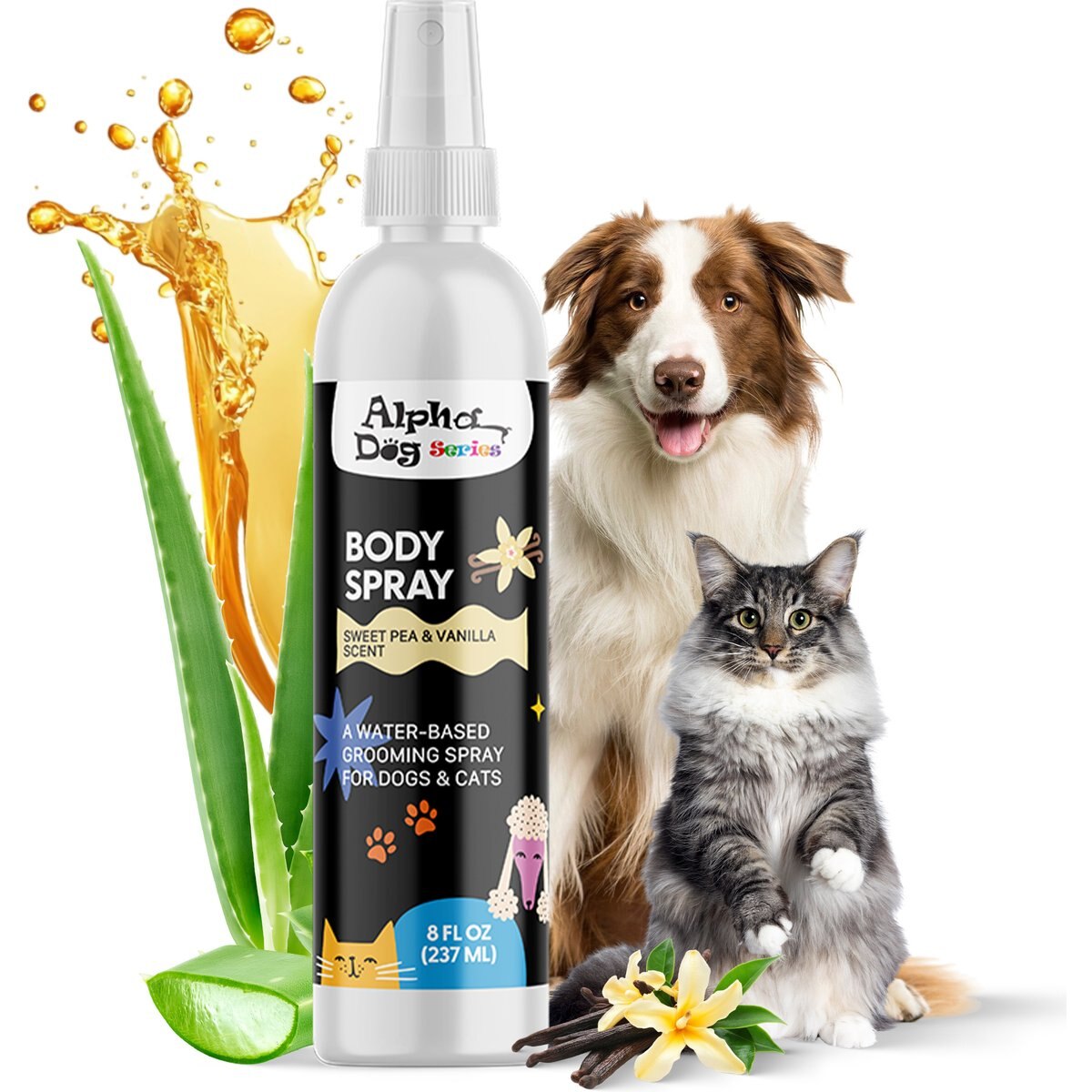 Alpha Dog Series Aloe, Odor Eliminator Sweet Pea & Vanilla Dog & Cat Grooming Deodorizer Spray, 8-fl oz bottle