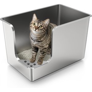 Ptlom Stainless Steel High Sided Low Entry Corner Cat Litter Box, X-Large: 22.8 x 14.8 x 14.5-in