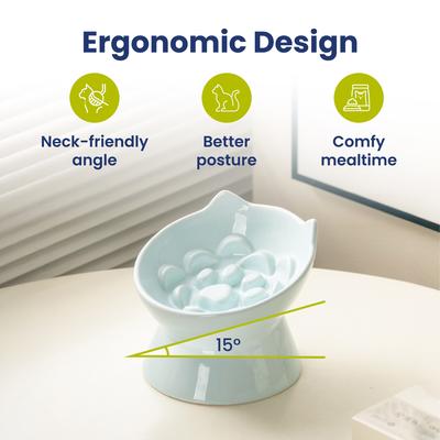 Show full view: PawsPik Lynx Ceramic Raised Slow Dog & Cat Food Bowl, Sky Blue slide 4 of 11