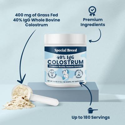 Show full view: Special Breed 40% IgG Grass Fed Colostrum Powder Immune Support Supplement for Dogs, 2.5-oz jar slide 3 of 9