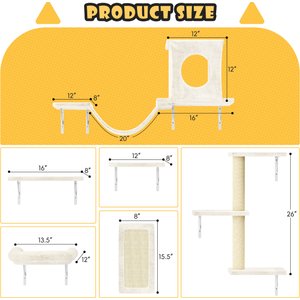 KAMABOKO 6 Pieces Hammock Wall-Mounted Shelves Climber Set Cat Tree with Bed, White