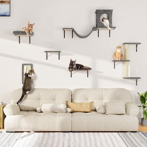 KAMABOKO 6 Pieces Hammock Wall-Mounted Shelves Climber Set Cat Tree with Bed, Grey