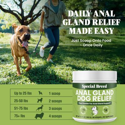 Show full view: Special Breed Anal Gland Relief Fiber Powder Digestive Aid Supplement for Dogs, 5.71-oz jar, 60 scoops slide 7 of 8