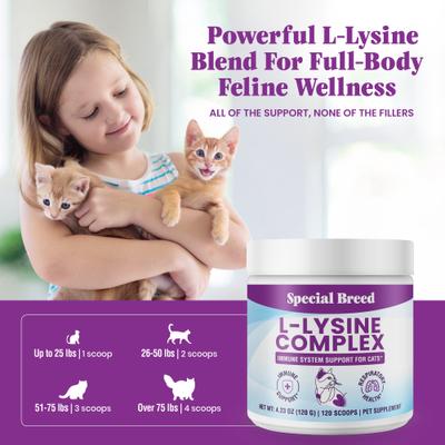 Show full view: Special Breed L-Lysine Powder Immune System Supplement for Kittens & Cats, 4.23-oz jar, 120 scoops slide 7 of 8