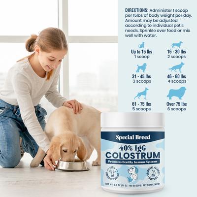Show full view: Special Breed 40% IgG Grass Fed Colostrum Powder Immune Support Supplement for Dogs, 2.5-oz jar slide 8 of 9