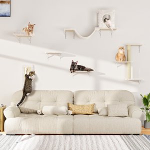 KAMABOKO 6 Pieces Hammock Wall-Mounted Shelves Climber Set Cat Tree with Bed, White