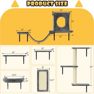 KAMABOKO 6 Pieces Hammock Wall-Mounted Shelves Climber Set Cat Tree with Bed, Grey
