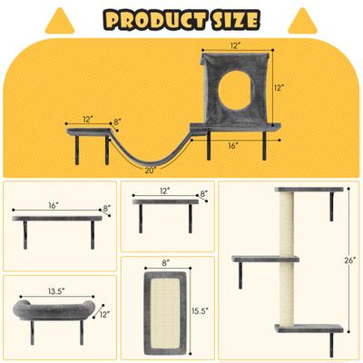 Show full view: KAMABOKO 6 Pieces Hammock Wall-Mounted Shelves Climber Set Cat Tree with Bed, Grey slide 2 of 8