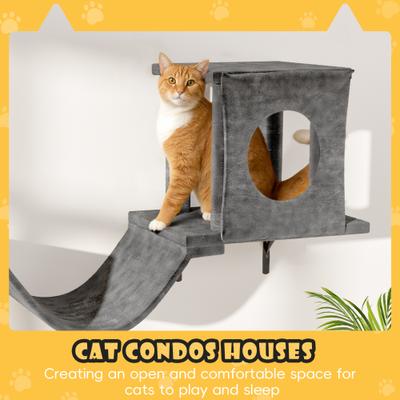 Show full view: KAMABOKO 6 Pieces Hammock Wall-Mounted Shelves Climber Set Cat Tree with Bed, Grey slide 3 of 8