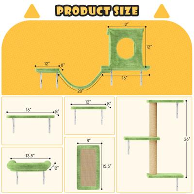 Show full view: KAMABOKO 6 Pieces Hammock Wall-Mounted Shelves Climber Set Cat Tree with Bed, Green slide 2 of 7