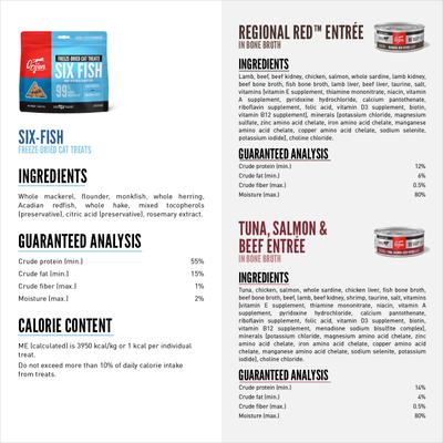 Show full view: ORIJEN Six Fish Grain-Free Freeze-Dried Treats, 1.25-oz bag + Premium Regional Red Entrees Variety Pack Tuna Salmon & Beef Pate Wet Cat Food, 3-oz can, case of 12 slide 2 of 9