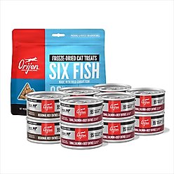 ORIJEN Six Fish Grain-Free Freeze-Dried Treats, 1.25-oz bag + Premium Regional Red Entrees Variety Pack Tuna Salmon & Beef Pate Wet Cat Food, 3-oz can, case of 12