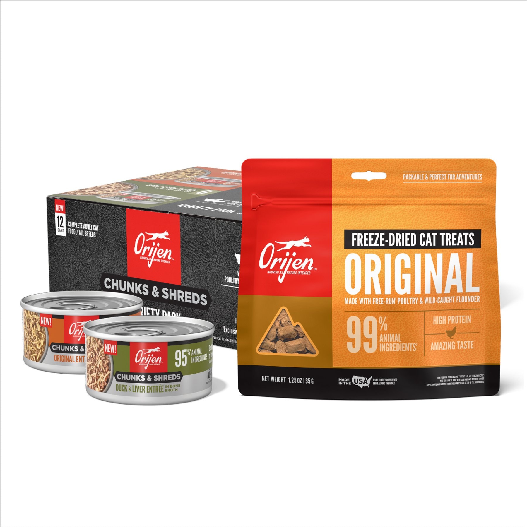 ORIJEN Original Chunks & Shreds Variety Pack Duck & Liver Wet Food, 3-oz can, case of 12 + Original Grain-Free Freeze-Dried Cat Treats, 1.25-oz bag