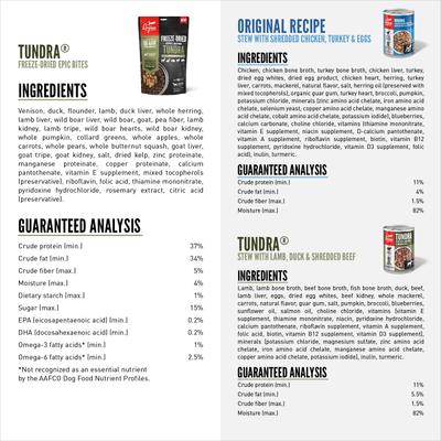 Show full view: ORIJEN Tundra Epic Bites Freeze-Dried Dry Food, 6-oz bag + Tundra & Original Variety Pack Real Meat Shreds Wet Dog Food, 12.8-oz can, case of 6 slide 2 of 9