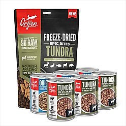 ORIJEN Tundra Epic Bites Freeze-Dried Dry Food, 6-oz bag + Tundra & Original Variety Pack Real Meat Shreds Wet Dog Food, 12.8-oz can, case of 6