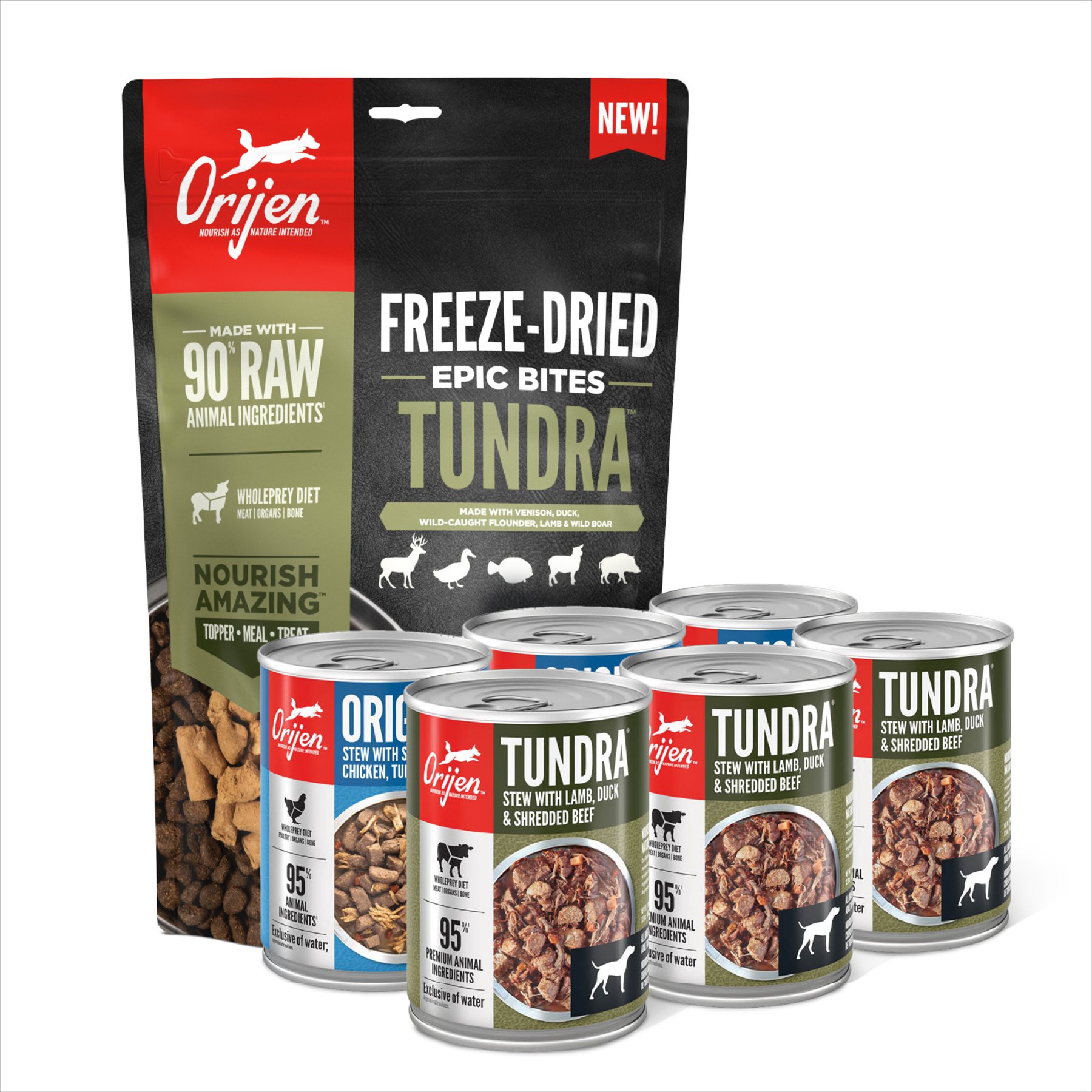 ORIJEN Tundra Epic Bites Freeze-Dried Dry Food, 6-oz bag + Tundra & Original Variety Pack Real Meat Shreds Wet Dog Food, 12.8-oz can, case of 6