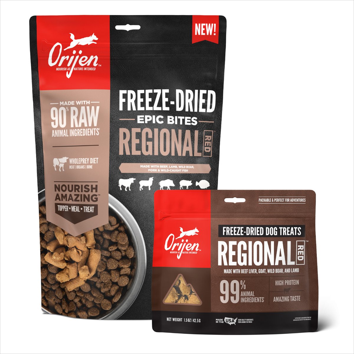 ORIJEN Regional Red Epic Bites Freeze-Dried Dry Food, 6-oz bag + Regional Red Grain-Free High-Protein Freeze-Dried Dog Treats, 1.5-oz bag