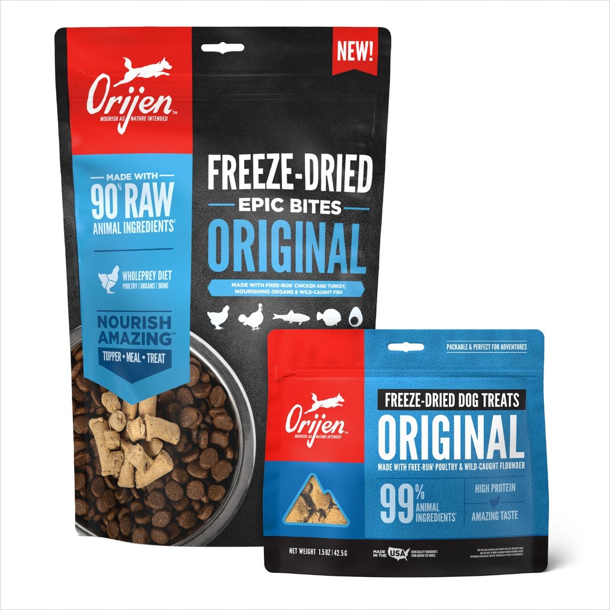 ORIJEN Original Epic Bites Freeze-Dried Dry Food, 6-oz bag + Original Grain-Free Freeze-Dried Dog Treats, 1.5-oz bag