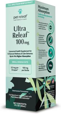 Show full view: Pet Releaf Ultra Releaf Liposome 100-mg Full Spectrum Hemp Extract Oil Liquid Calming Supplement for Small Dogs & Cats, 1-fl oz bottle slide 3 of 5
