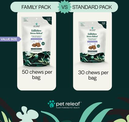 Show full view: Pet Releaf Edibites Stress Releaf Organic Peanut Butter & Carob Flavored Chew 6-mg Full Spectrum Hemp Extract Calming Supplement for Dogs, 50 count slide 4 of 5