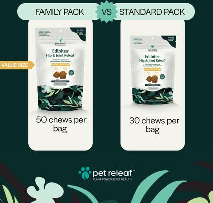 Show full view: Pet Releaf Edibites Hip & Joint Releaf Organic Peanut Butter & Banana Flavored Chew 6-mg Full Spectrum Hemp Extract Hip & Joint Supplement for Dogs, 50 count slide 4 of 4