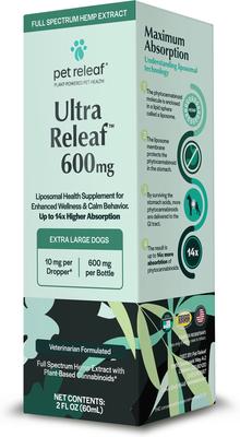 Show full view: Pet Releaf Ultra Releaf Liposome 600-mg Full Spectrum Hemp Extract Oil Liquid Calming Supplement for X-Large Dogs, 2-fl oz bottle slide 3 of 5
