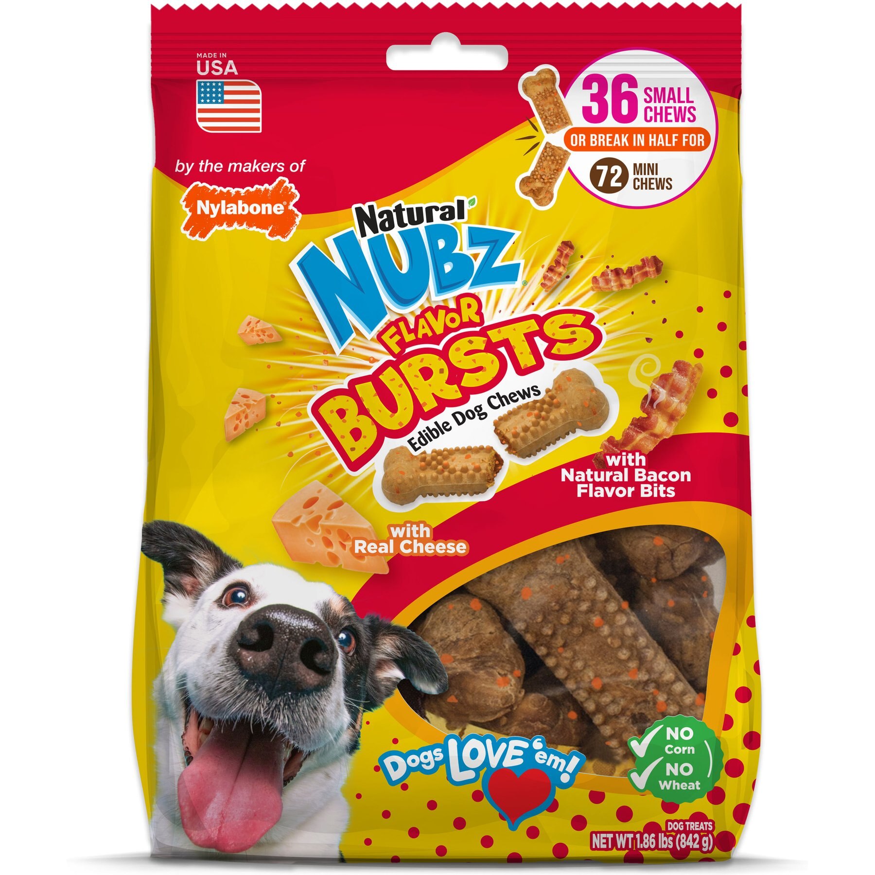 Nylabone Nubz Adult Bacon & Cheese Flavor Bursts Dog Chew Treats, Small, 36 count