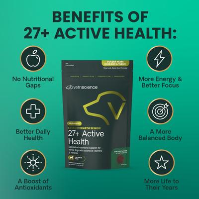 Show full view: VetriScience Golden Years Energize & Thrive Extra Strength Senior 27+ Active Health Chicken Flavored Chews Multivitamin Supplement for Senior Dogs, 60 count slide 6 of 7