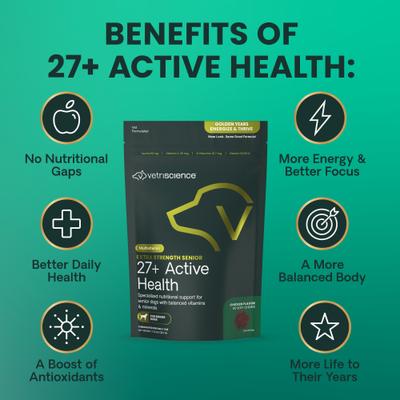 Show full view: VetriScience Golden Years Energize & Thrive Extra Strength Senior 27+ Active Health Chicken Flavored Chews Multivitamin Supplement for Senior Dogs, 60 count slide 7 of 8
