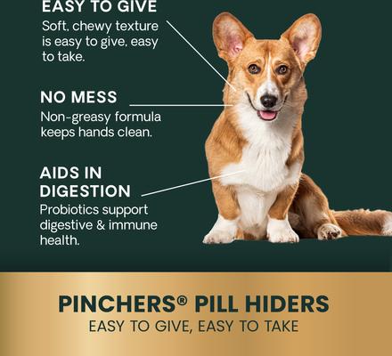 Show full view: VetriScience Pinchers Pill Hiders Chicken Flavored Chews with Probiotics Non-Greasy Pill Wrap for Dogs, 45 count slide 5 of 10