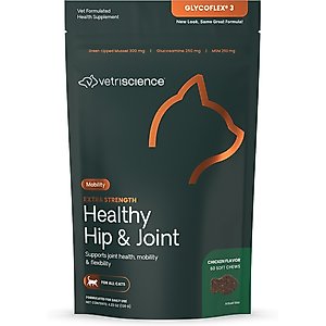 VetriScience GlycoFlex 3 Extra Strength Healthy Hip & Joint Chicken Flavored Chews with Glucosamine & Green-Lipped Mussel Supplement for Cats, 60 count