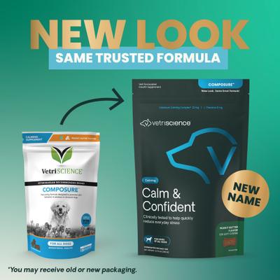 Show full view: VetriScience Composure Calm & Confident Clinically Tested Peanut Butter Flavored Chews Calming & Anxiety Supplement for Dogs, 120 count slide 3 of 11