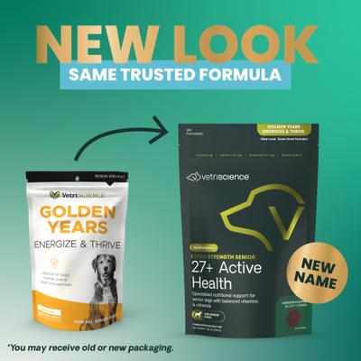 Show full view: VetriScience Golden Years Energize & Thrive Extra Strength Senior 27+ Active Health Chicken Flavored Chews Multivitamin Supplement for Senior Dogs, 60 count slide 3 of 8