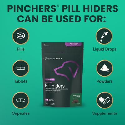 Show full view: VetriScience Pinchers Pill Hiders Peanut Butter Flavored Chews with Probiotics Non-Greasy Pill Wrap for Dogs, 45 count slide 7 of 11