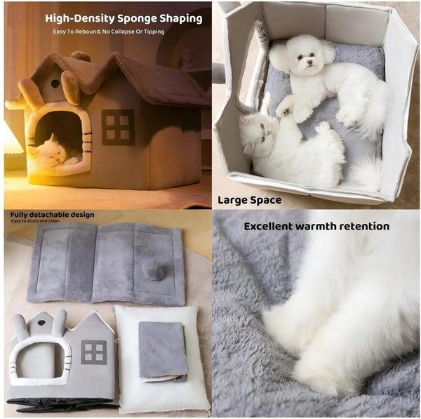 Show full view: NonoPets Cozy Cushion Double Roof Synthetic Fabric Cat House Tent Bed, Grey, Small slide 5 of 6