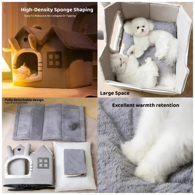 NonoPets Cozy Cushion Double Roof Synthetic Fabric Cat House Tent Bed, Grey