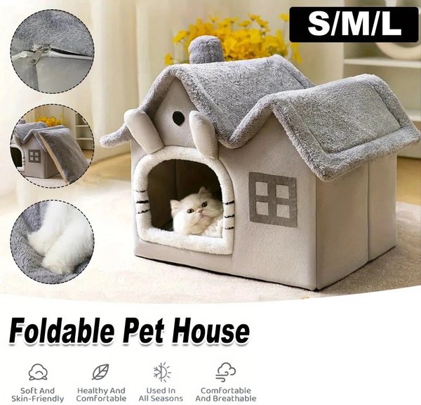 Show full view: NonoPets Cozy Cushion Double Roof Synthetic Fabric Cat House Tent Bed, Grey, Small slide 4 of 6