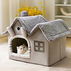 NonoPets Cozy Cushion Double Roof Synthetic Fabric Cat House Tent Bed, Grey, Small