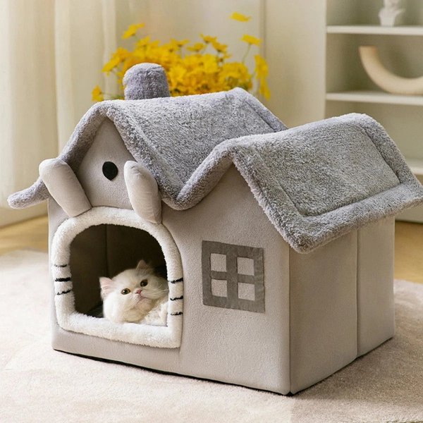 Show full view: NonoPets Cozy Cushion Double Roof Synthetic Fabric Cat House Tent Bed, Grey, Small slide 1 of 6
