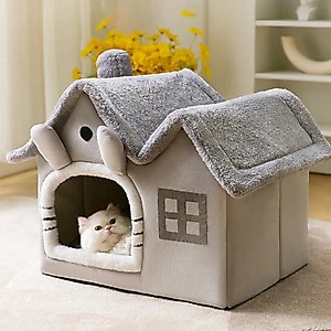 NonoPets Cozy Cushion Double Roof Synthetic Fabric Cat House Tent Bed, Grey, Small