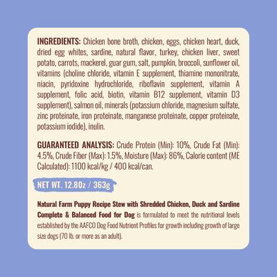 Show full view: Natural Farm Adult Grain-Free 95% Animal Ingredients Chicken Recipe Canned Wet Puppy Food, 12-oz can, case of 12 slide 6 of 10