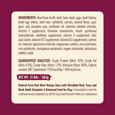 Show full view: Natural Farm Adult Grain-Free 95% Animal Ingredients Beef Recipe Canned Wet Dog Food, 12-oz can, case of 12 slide 7 of 10