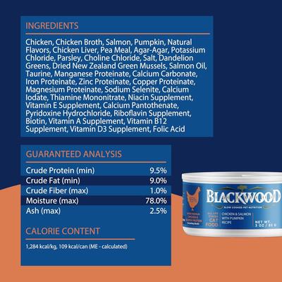 Show full view: Blackwood Chicken & Salmon with Pumpkin Recipe Grain-Free Wet Cat Food, 3-oz can, case of 12 slide 8 of 9