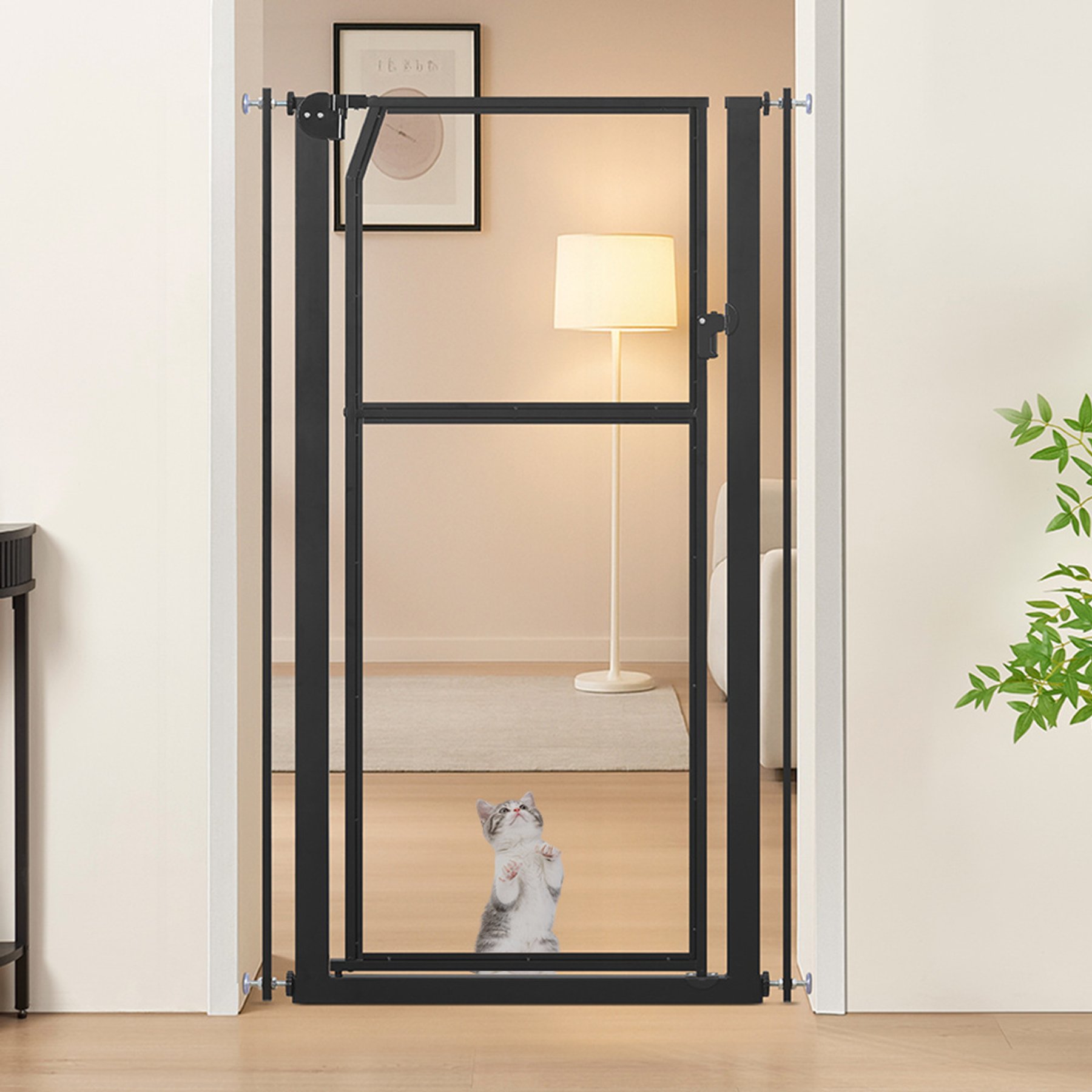 Unipaws Pressure Mounted Transparent Cat & Dog Gate, Black, 56 x 33.5-in