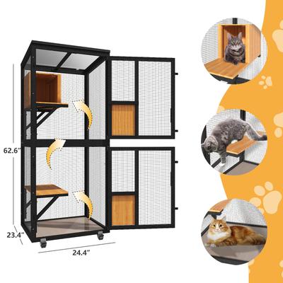 Show full view: TIMHAKA 4 Tier Catio Outdoor Cat Enclosure with 4 Wheels, Black/Yellow, 24.4 x 23.4 x 62.6-in slide 2 of 7