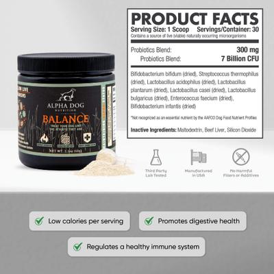 Show full view: Alpha Dog Nutrition Balance Probiotic Beef Flavor Powder Supplement for Dogs, 2.1-oz jar slide 9 of 10
